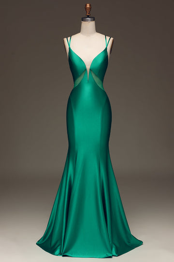 Green Deep V-neck Satin Mermaid Ball Dress with Lace-up Back